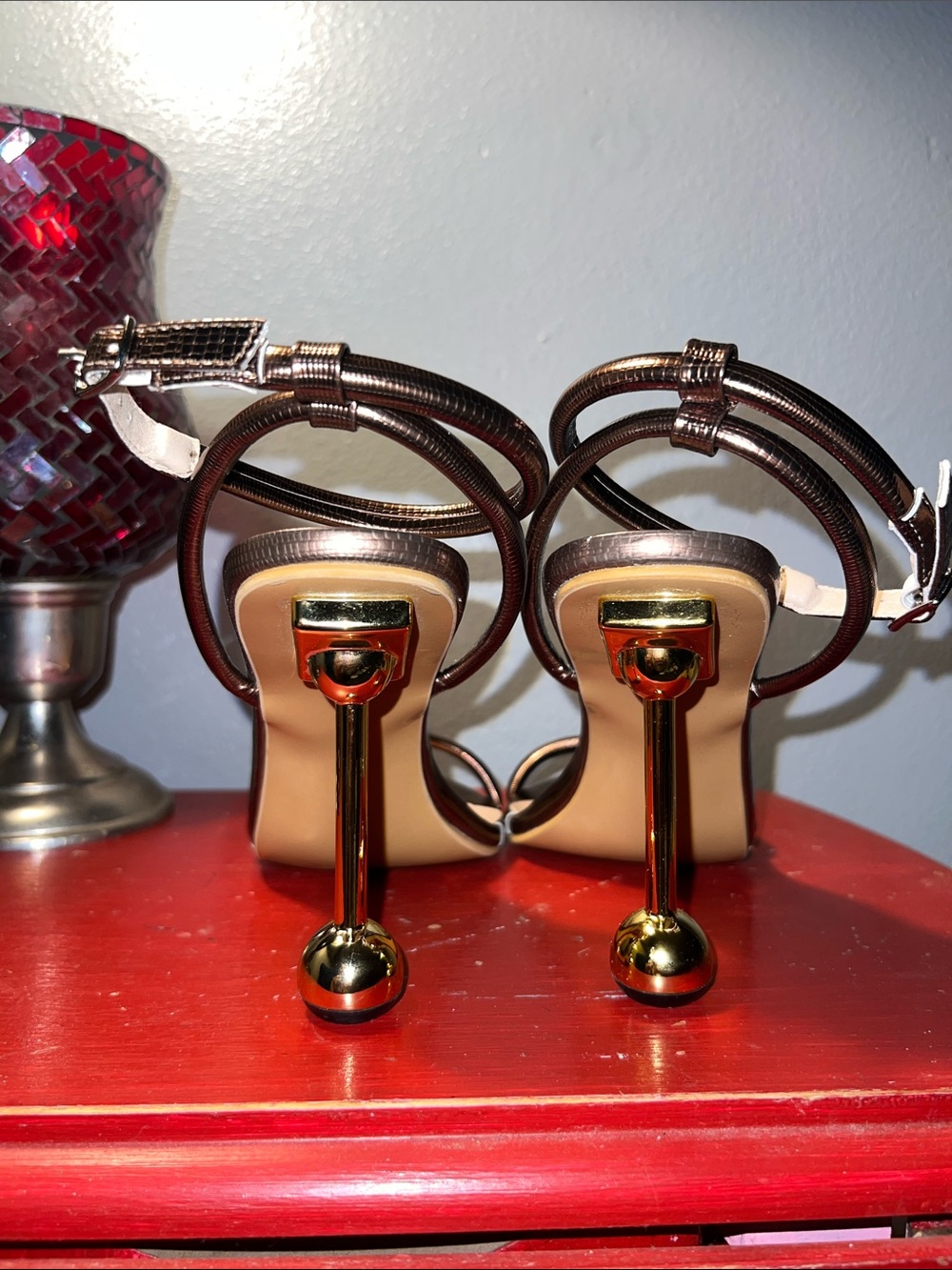 SHEIN Glitzy Metallic Bronze Strappy Heels with Gold Sculptural Ball Heel - Picture 5 of 8